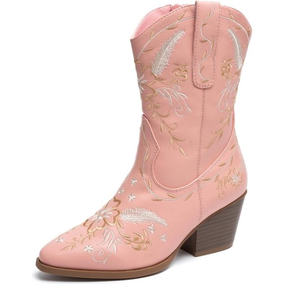 Anjoufemme Mid-Calf Booot Women Pink Polyurethane Embroidered Round-toe - Picture 1 of 8